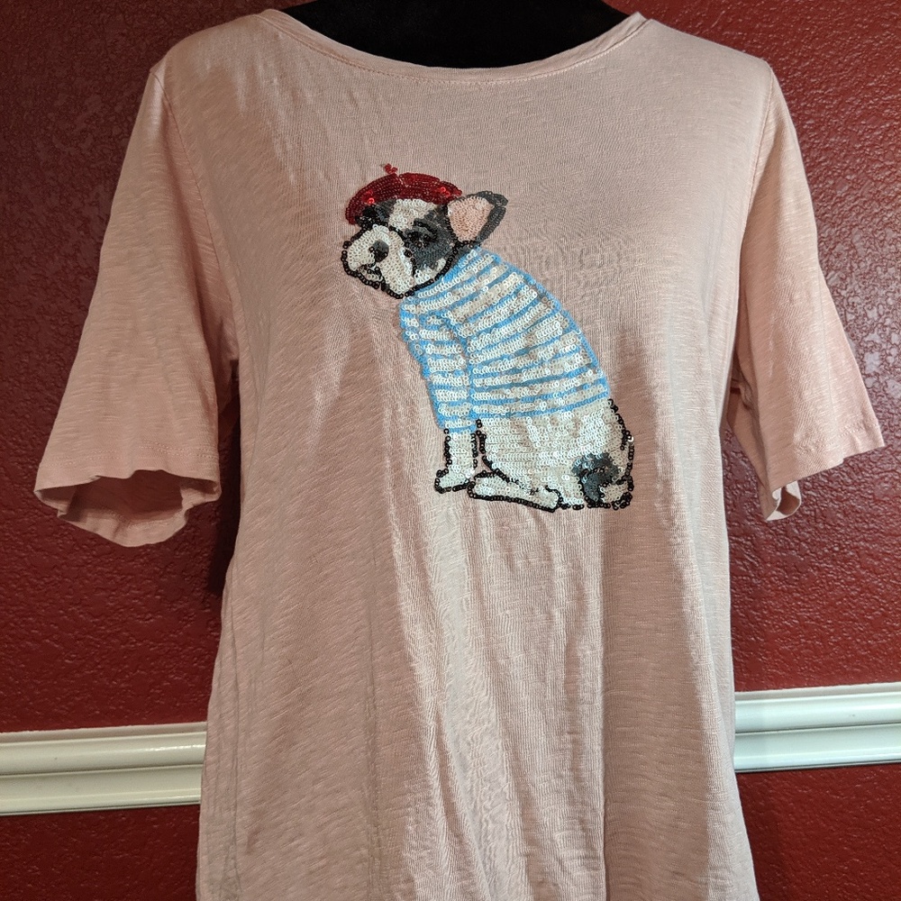 Talbots Sequin French Bulldog s/s T-shirt. Lrg
